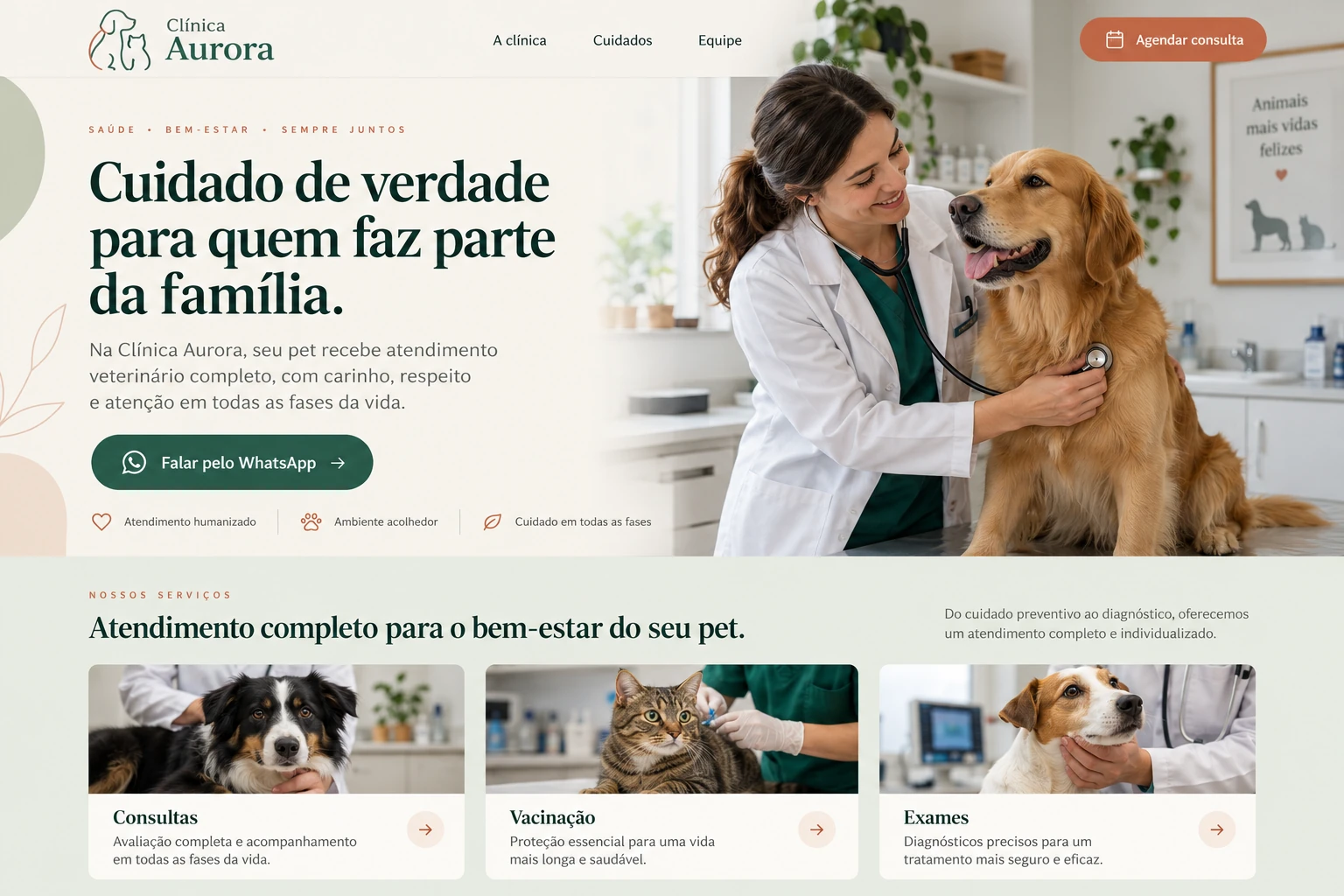 Exemplo ilustrativo de site para clínica veterinária, com apresentação dos serviços e contato pelo WhatsApp