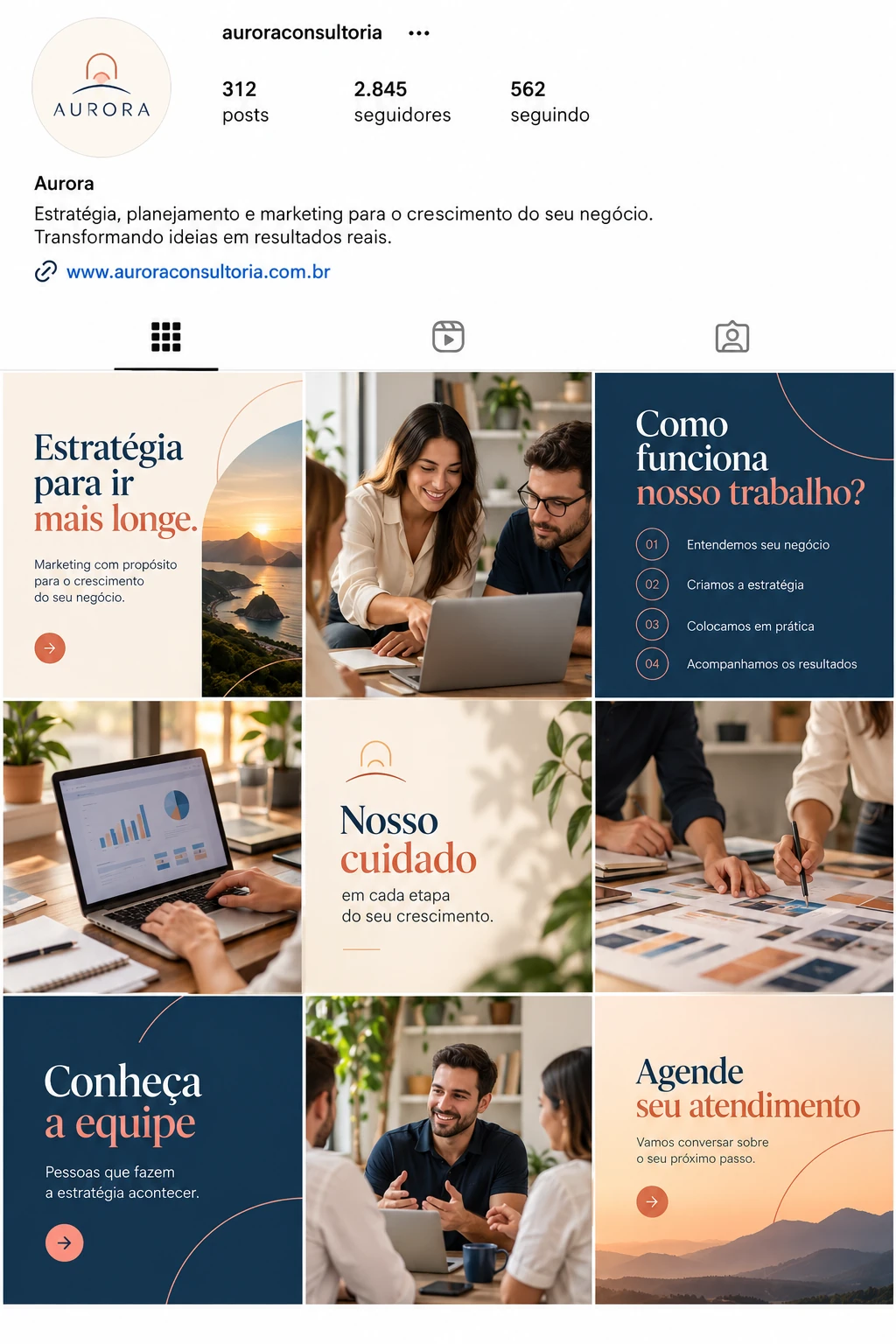 Exemplo ilustrativo de perfil no Instagram com nove publicações organizadas
