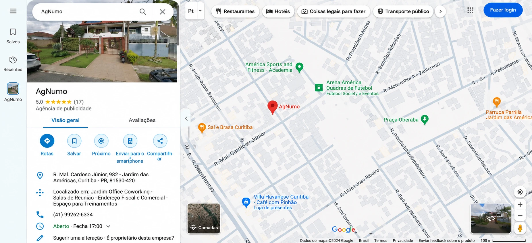 Perfil da AgNumo no Google Maps com localização em Curitiba