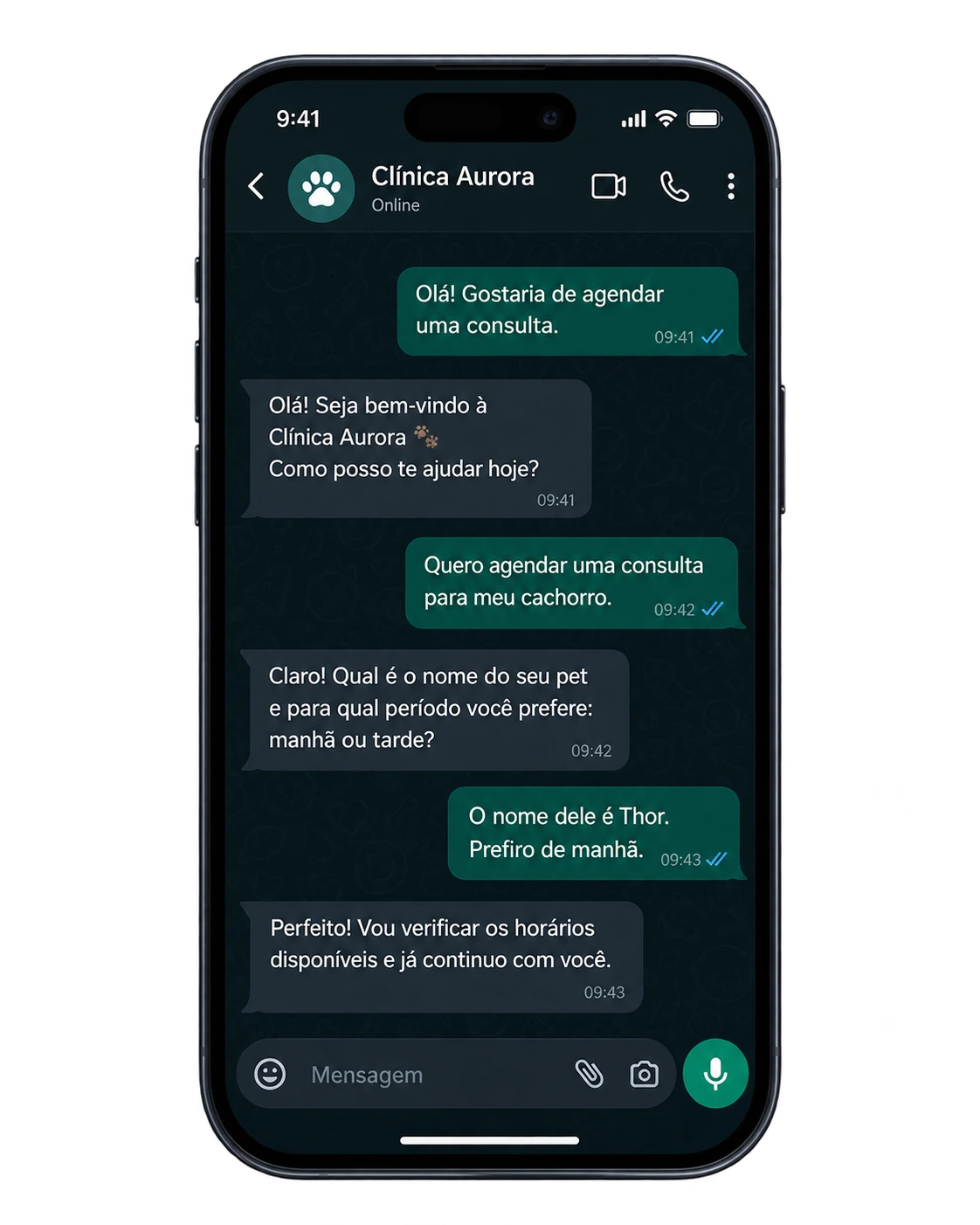 Conversa de agendamento com autoatendimento no WhatsApp da Clínica Aurora