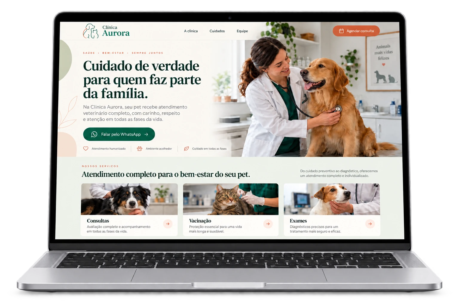 Site para clínica veterinária, com apresentação dos serviços e contato pelo WhatsApp